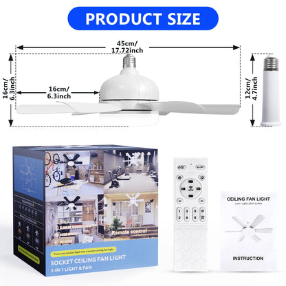 Ceiling Fan with LED Light and APP & Remote, 3 Colors Dimmable 6 Speeds, 2H/4H Timer, E27 Base Screw Socket for Bedroom Kitchen