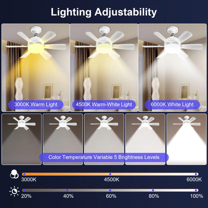 Ceiling Fan with LED Light and APP & Remote, 3 Colors Dimmable 6 Speeds, 2H/4H Timer, E27 Base Screw Socket for Bedroom Kitchen