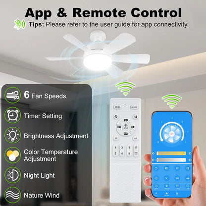 Ceiling Fan with LED Light and APP & Remote, 3 Colors Dimmable 6 Speeds, 2H/4H Timer, E27 Base Screw Socket for Bedroom Kitchen