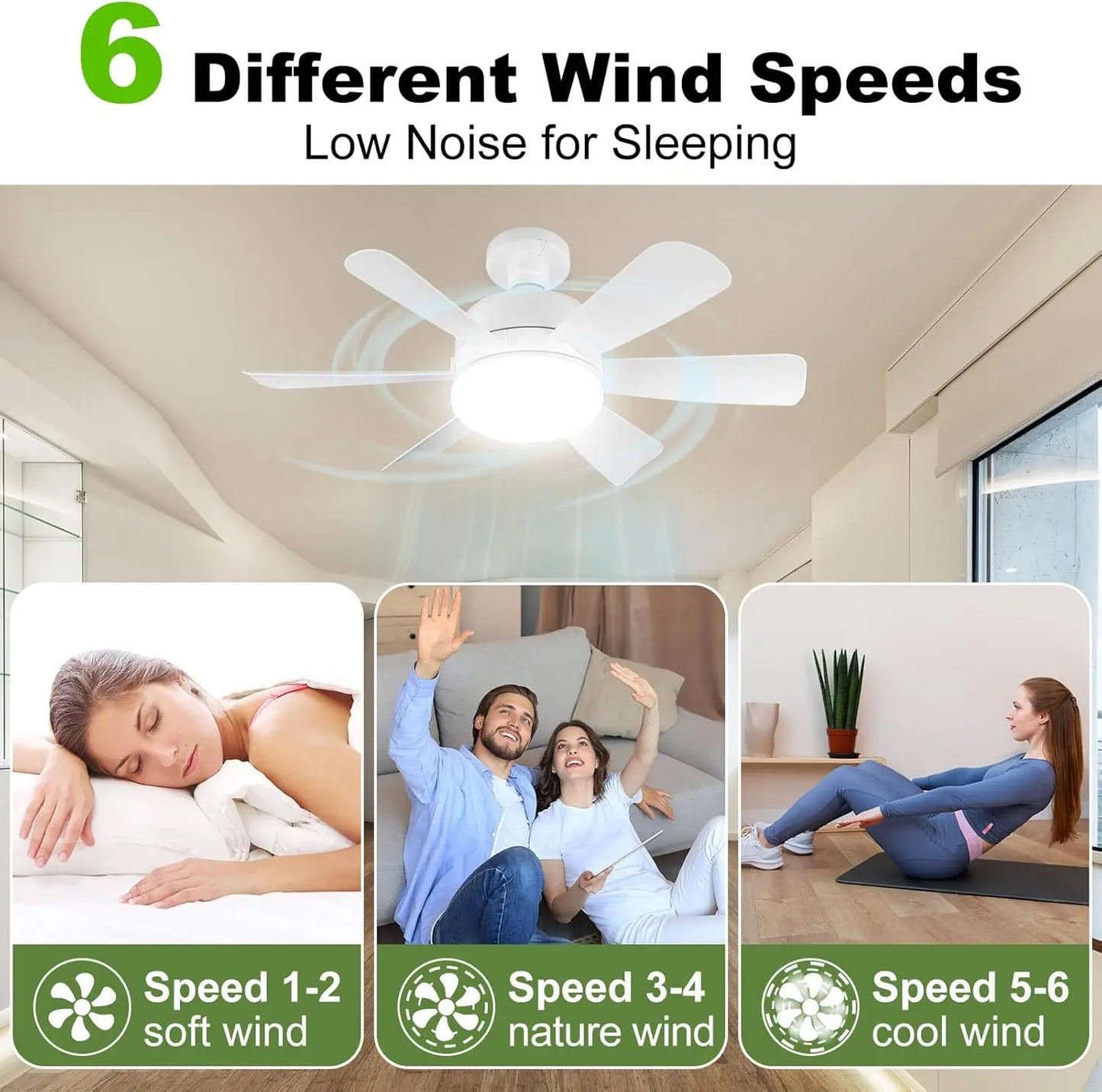 Ceiling Fan with LED Light and APP & Remote, 3 Colors Dimmable 6 Speeds, 2H/4H Timer, E27 Base Screw Socket for Bedroom Kitchen