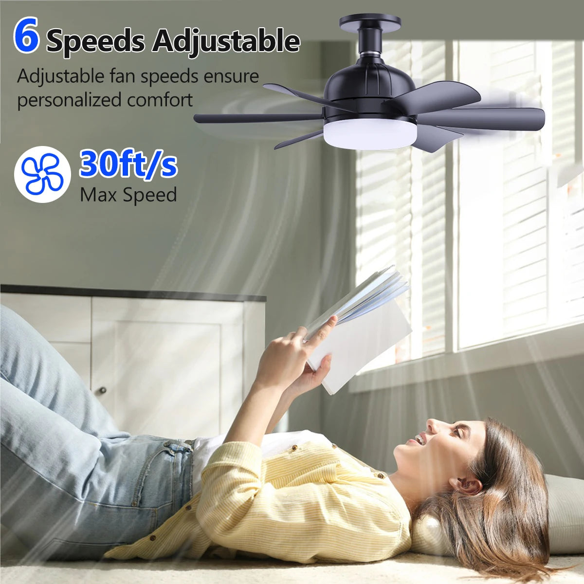 Ceiling Fan with LED Light and APP & Remote, 3 Colors Dimmable 6 Speeds, 2H/4H Timer, E27 Base Screw Socket for Bedroom Kitchen